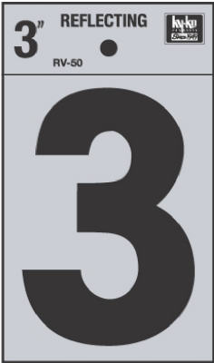 Hy-Ko RV-50/3 Reflective Adhesive Vinyl Number 3 Sign, 3", Black/Silver