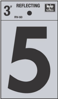 Hy-Ko RV-50/5 Reflective Adhesive Vinyl Number 5 Sign, 3", Black/Silver