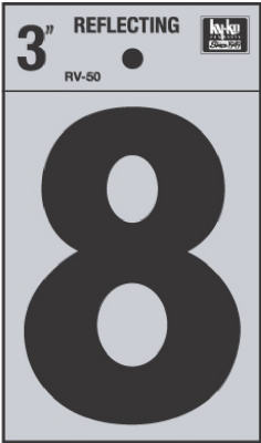 Hy-Ko RV-50/8 Reflective Adhesive Vinyl Number 8 Sign, 3", Black/Silver
