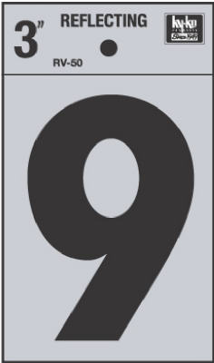 Hy-Ko RV-50/9 Reflective Adhesive Vinyl Number 9 Sign, 3", Black/Silver