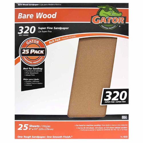 Gator 4222 Bare Wood Sandpaper Sheet, 320 Grit, 9" x 11"