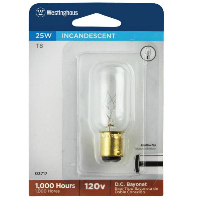 Westinghouse 03717 DC Bayonet Base T8 Tubular Light Bulb, 25W, 120V, Clear Finish