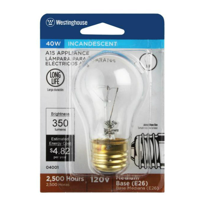 Westinghouse 04001 Standard Base A15 Appliance Light Bulb, 40W, 120V, Clear