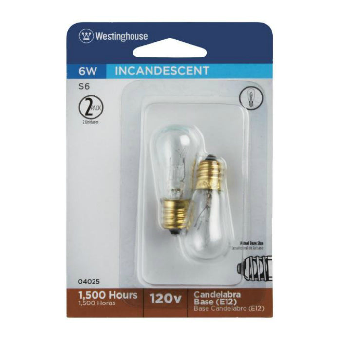 Westinghouse 04025 Candelabra Base S6 Indicator Light Bulb, 6W, Clear, 2-Pack