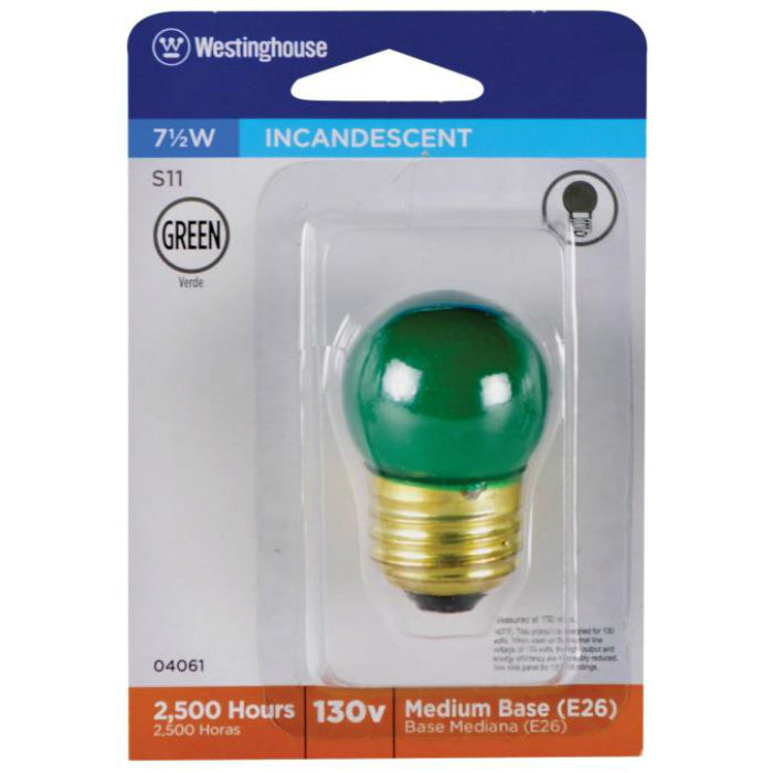 Westinghouse 04061 Standard Base S11 Indicator Light Bulb, 7-1/2W, 130V, Green