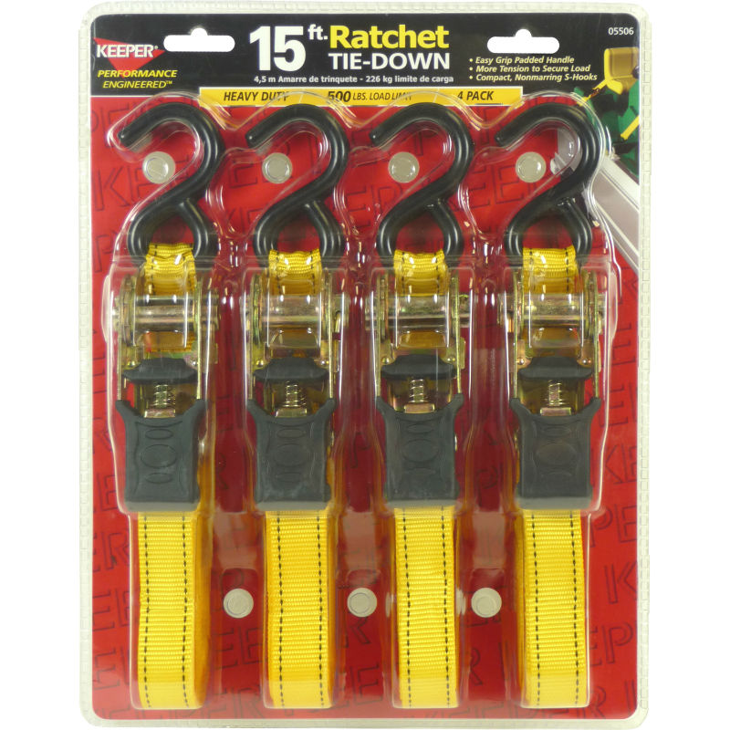 Keeper® 05506 Padded Ratchet Tie-Down with S-Hooks, 15' x 1", 4-Pack