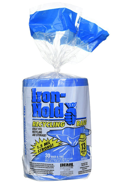 Iron-Hold® 618781 Tall Kitchen Recycling Bags & Ties, Blue, 13-Gal, 30-Count