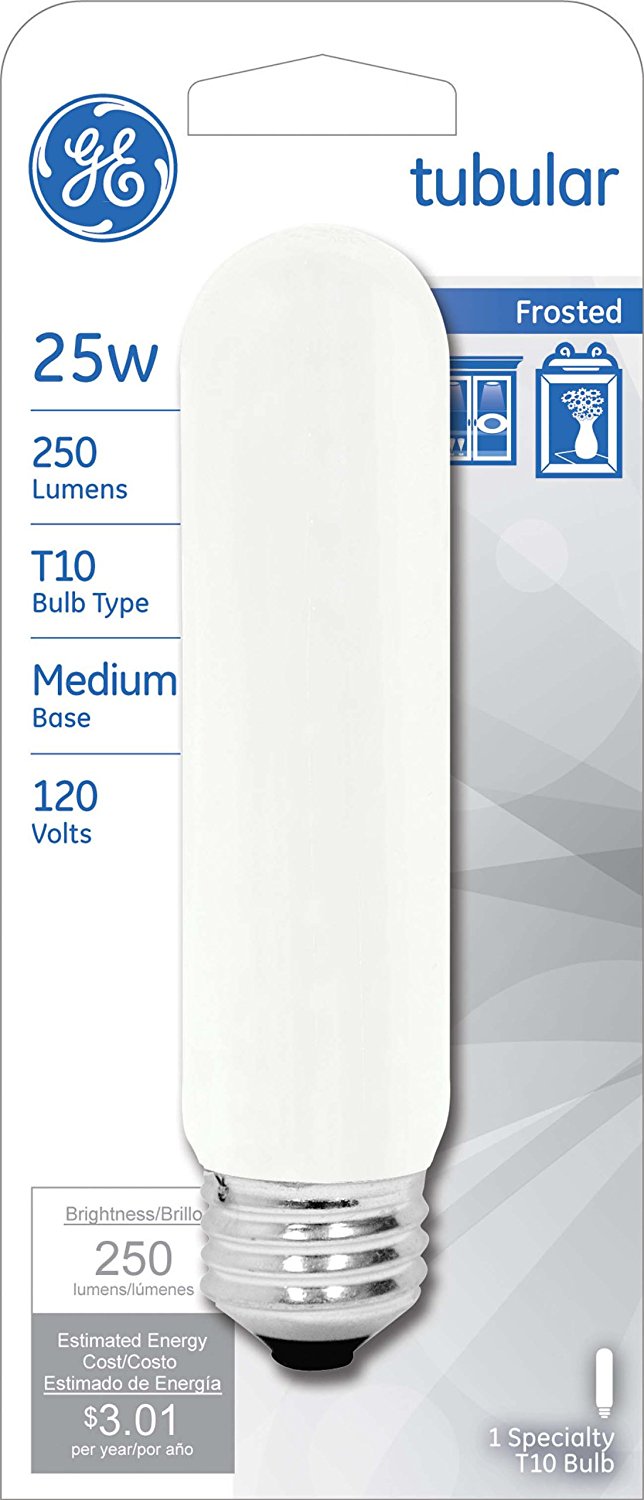 GE Lighting 45513 Incandescent Frosted T10 Tubular Light Bulb, Soft White, 25W