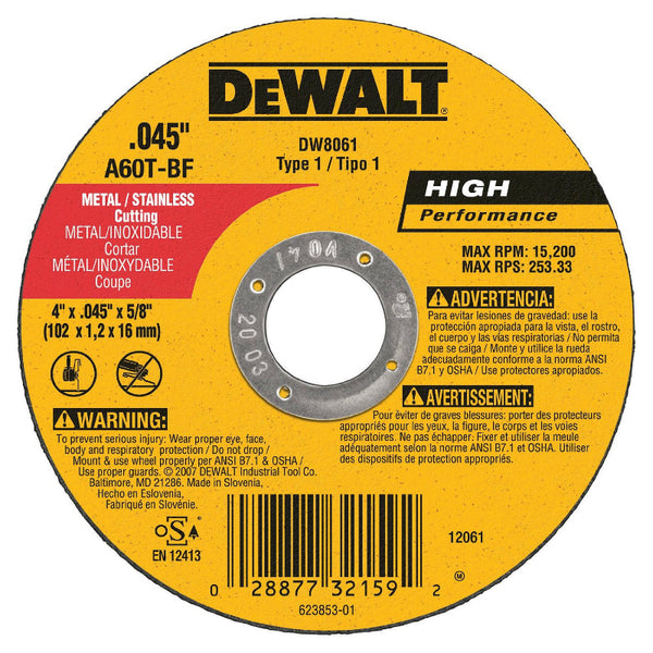 DeWalt® DW8061 High Performance™ Metal Thin Cut-Off Wheel, 4" x 0.045" x 5/8"