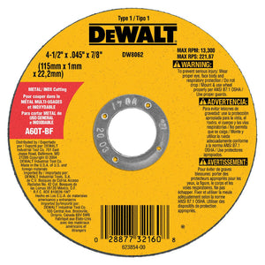 DeWalt® DW8062 High Performance™ Metal Thin Cut-Off Wheel, 4-1/2" x .045 x 7/8"