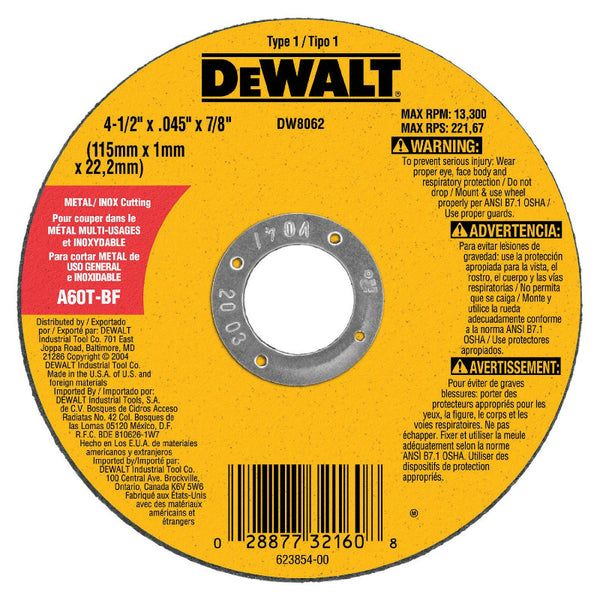 DeWalt® DW8062 High Performance™ Metal Thin Cut-Off Wheel, 4-1/2" x .045 x 7/8"