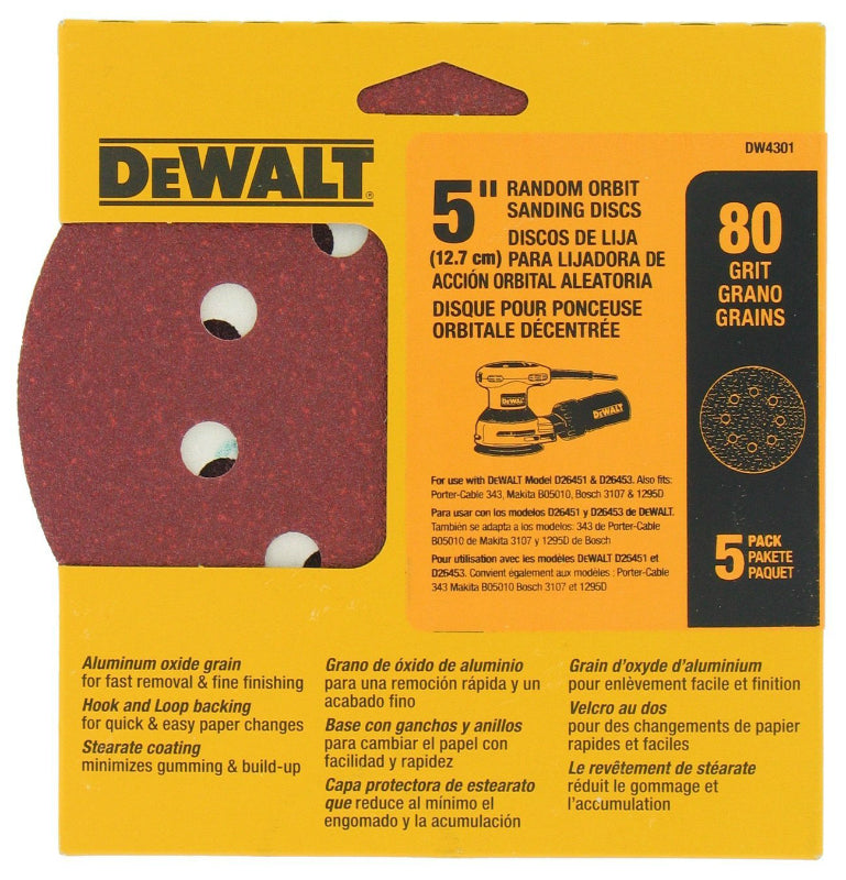 DeWalt® DW4301 8-Hole Hook & Loop Random Orbit Sandpaper, 5", 80 Grit, 5-Pack