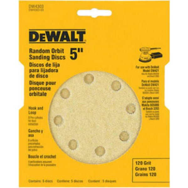 DeWalt® DW4303 8-Hole Hook & Loop Random Orbit Sandpaper, 5", 120 Grit, 5-Pack