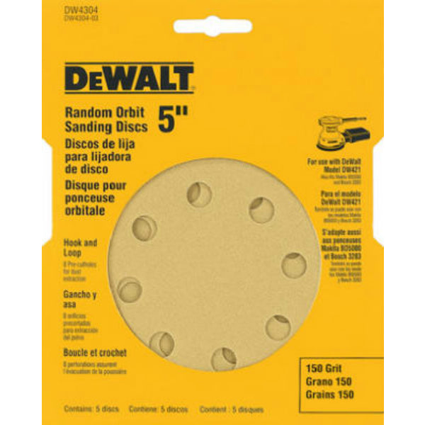 DeWalt® DW4304 8-Hole Hook & Loop Random Orbit Sandpaper, 5", 150 Grit, 5-Pack