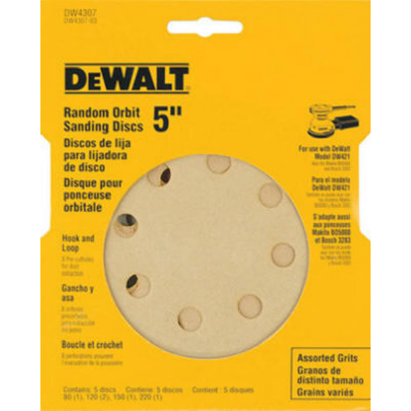 DeWalt® DW4307 8-Hole Hook & Loop Random Orbit Sandpaper, 5", Asst. Grit, 5-Pack