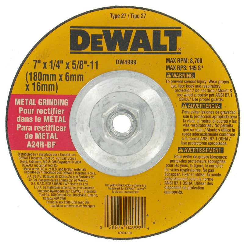 DeWalt®  DW4999 High Performance™ Metal Grinding Wheel, 7"x 1/4" x 5/8"-11 Arbor