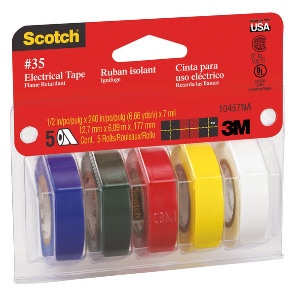 Scotch 10457 Professional Quality Electrical Tape, 1/2" x 240", Assorted, 5-Pk