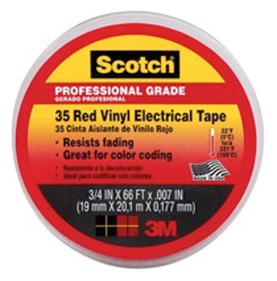 Scotch 10810-DL-2W Professional Grade #35 Vinyl Electrical Tape, 3/4" x 66', Red