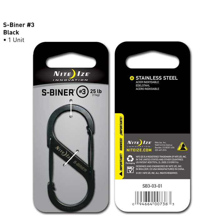 Nite Ize SB3-03-01 S-Biner Black Stainless Steel Dual-Gate Carabiner #3, 25 Lb