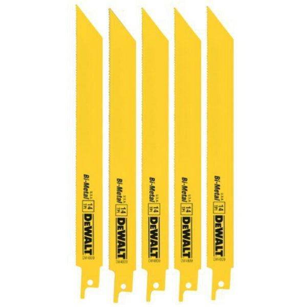 DeWalt® DW4809 Straight Back Bi-Metal Reciprocating Saw Blades, 14 TPI, 8", 5-Pk