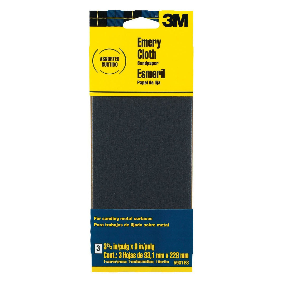 3M 5931ES Emery Cloth Sandpaper, 3-2/3" x 9", Assorted Grit, 3-Pack