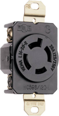 Pass & Seymour Turnlok Single Receptacle, 20A, 125/250V, Black