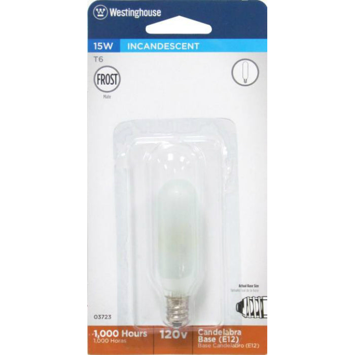 Westinghouse 03723 Candelabra Base T6 Tubular Light Bulb, 15W, Frosted