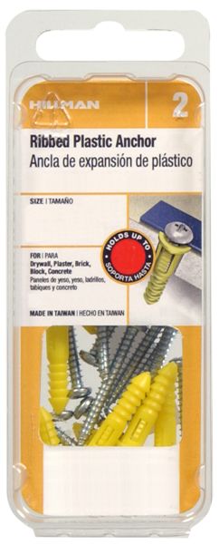 Hillman 5107 Yellow Ribbed Plastic Anchor W/Screw, 4-6-8 x 1", 6 Pack