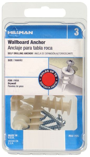 Hillman 41409 Plastic Self-Drilling EZ Wallboard Anchor with #8 Screw, 10-Pack