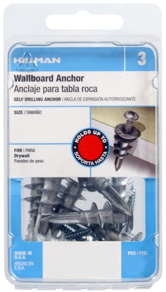 Hillman 41408 EZ Self-Drilling Wallboard Anchor w/Screw, #8, Steel/Zinc, 10-Pk