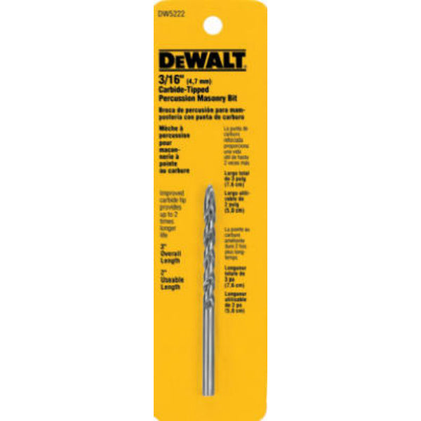 DeWalt® DW5222 Carbide Tipped Premium Percussion Masonry Drill Bit, 3/16" x 3"