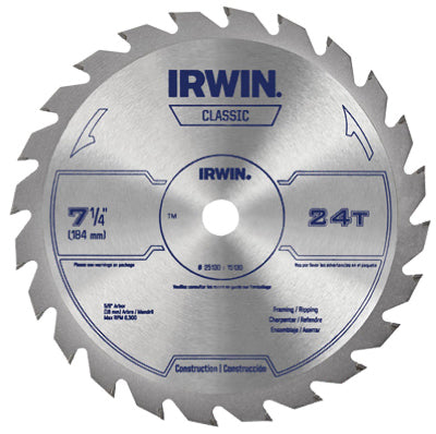 Irwin 15130 Classic Series Circular Saw Blade, Carbide Tipped, 24 Tooth, 7-1/4"