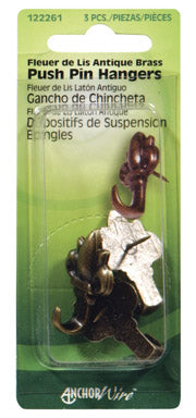 Hillman 122261 Fleur-De-Lis Push Pin Hanger, Antique Brass, 3-Pack