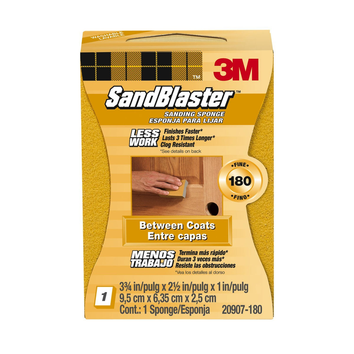 3M 20907-180 SandBlaster Between Coats Sanding Sponge Block, Fine 220-Grit, Gold