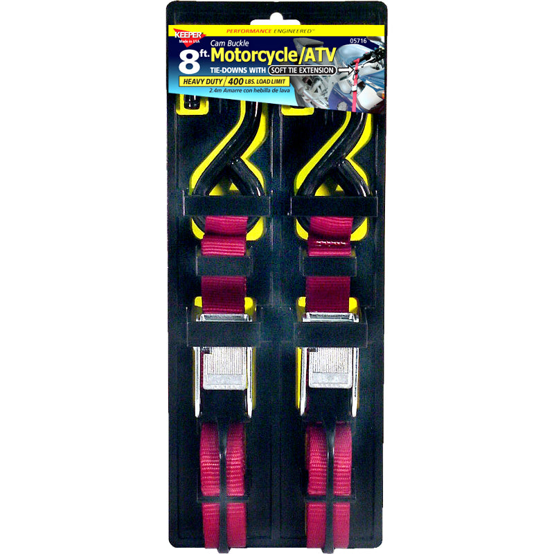 Keeper® 05716 Soft-Tie Cycle Cam Tie-Down W/ S-Hooks, 8' x 1", 2-Pack