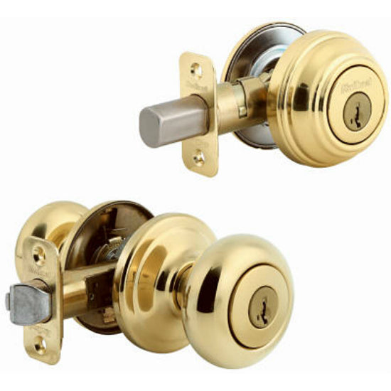 Kwikset® 991J-3-SMT-CP-K4 Juno Knob & Single Cylinder Combo Pack, Polished Brass