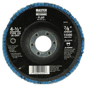 Master Mechanic 890944 Zirconia Flap Disc, 36 Grit, 4-1/2" x 7/8"
