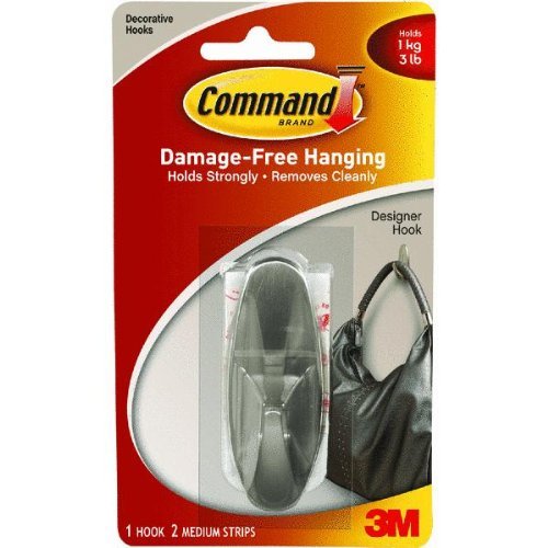 Command 17081BN Designer Medium Hook, Brushed Nickel, 1 Hook & 2 Strips
