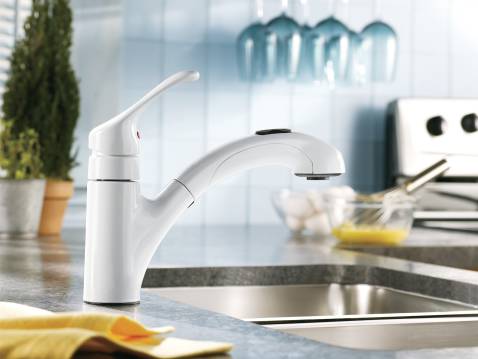 Moen CA87316W Renzo™ One-Handle Low Arc Pullout Kitchen Faucet, Glacier