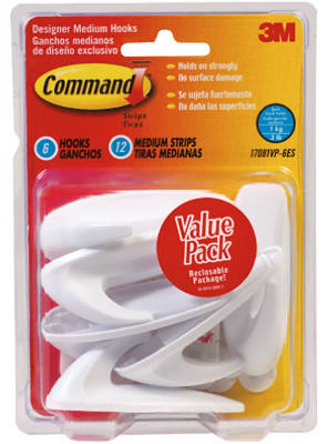Command 17081VP-6ES Designer Medium Hooks Value Pack, White, 6 Hooks/12 Strips