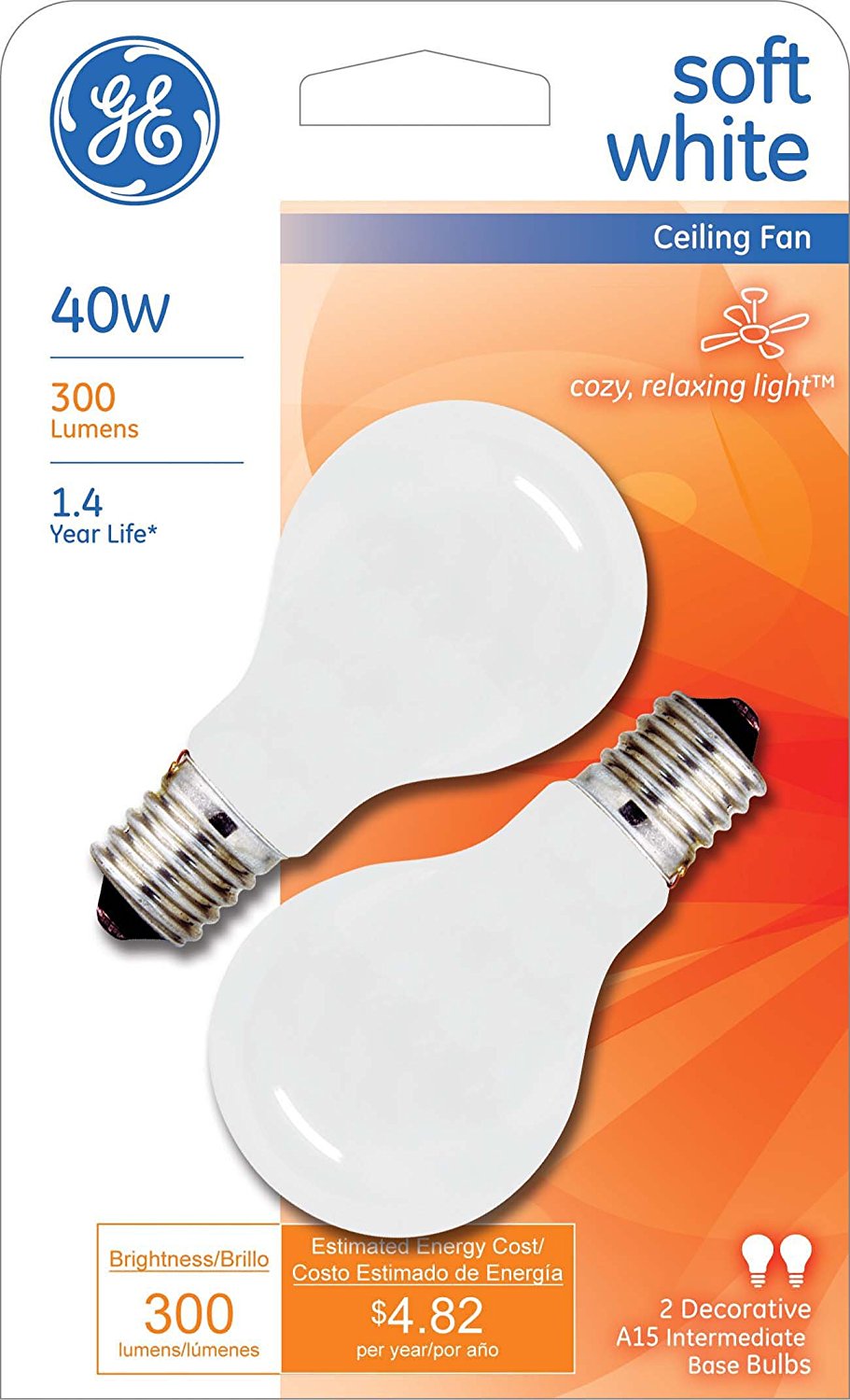 GE Lighting 74038 Intermediate Base A15 Ceiling Fan Bulb 40W, Soft White, 2-Pk
