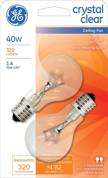 GE 74037 Intermediate Base A15 Ceiling Fan Bulb, Crystal Clear, 40W, 2-Pack
