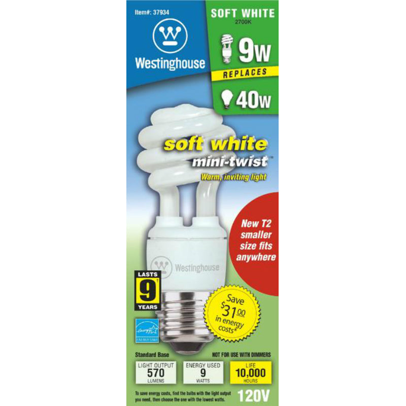 Westinghouse 37934 Mini Twist Compact Fluorescent Light Bulb, 9W, Warm White