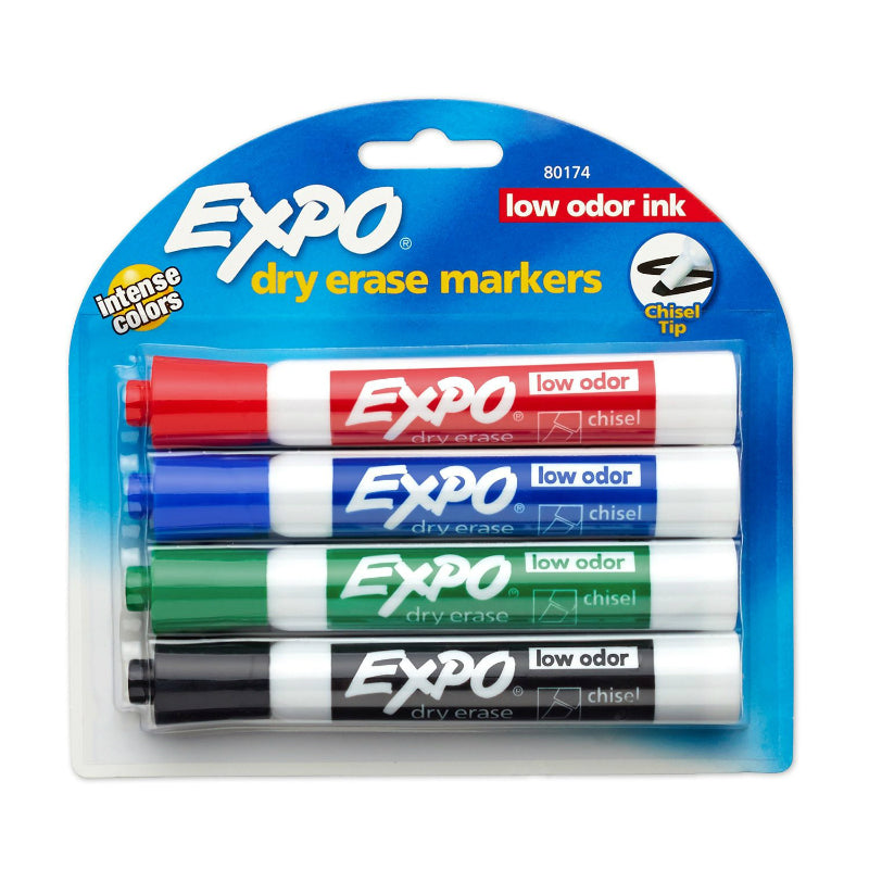 Expo® 80174 Low Odor Ink Dry Erase Markers w/ Chisel Tip, Assorted Colors, 4-Pk