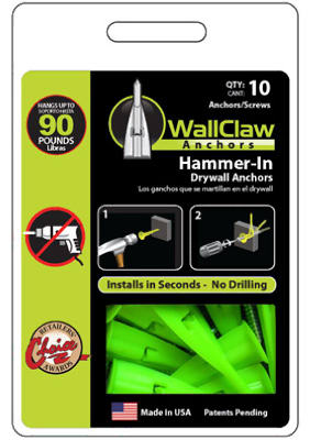Wallclaw PCK-WC10-YS Hammer-In Drywal Anchor with Screw, 10-Pack