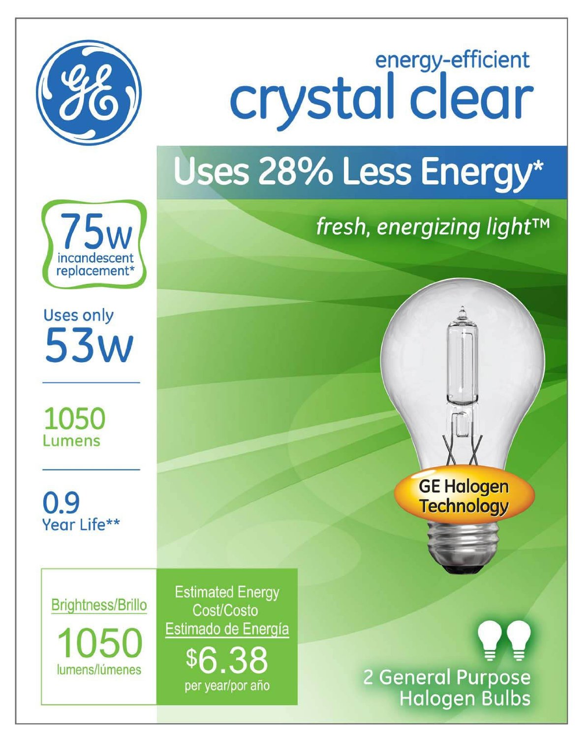 GE Lighting 78797 Energy-Efficient A19 Halogen Bulb, Crystal Clear, 53W, 2-Pack