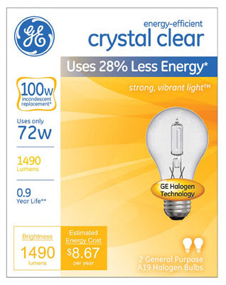 GE Lighting 78798 Energy-Efficient Crystal Clear A19 Halogen Bulb, 72W, 2-Pack