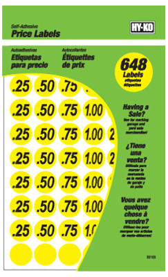 Hy-Ko 30103 Garage Sale Price Label, 3/4", Yellow, 648-Piece