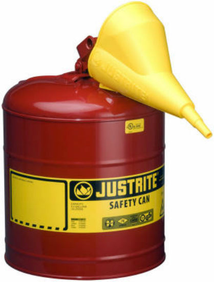 Justrite 7150110 Type I Steel Safety Gas Can with Funnel, 5-Gallon, Red
