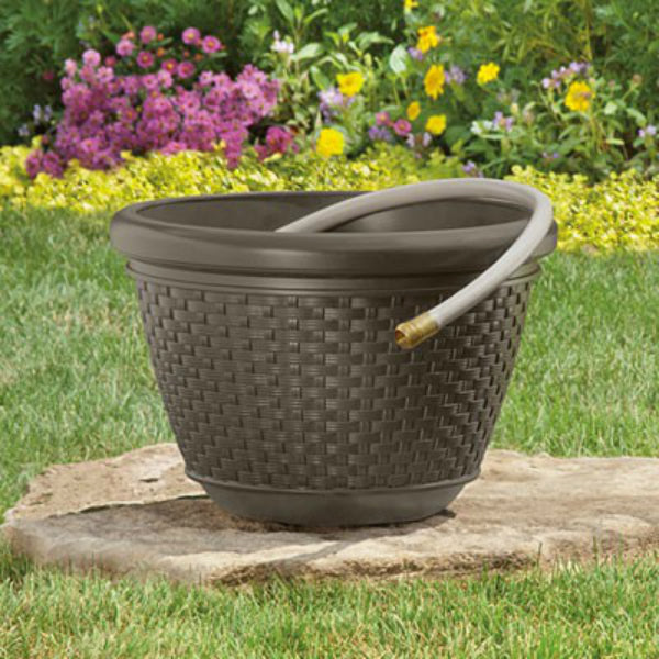 Suncast HPW100 Resin Wicker Design Garden Hose Pot, Java, 100' Capacity